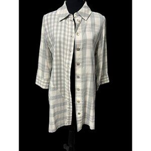 Soft Surroundings Plaid Button Front Tunic Shirt Womens MEDIUM 3/4 Sleeves casua